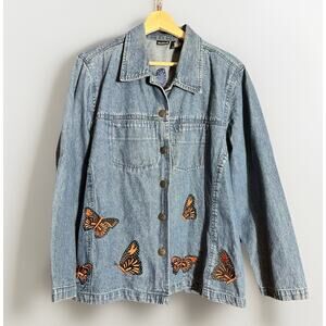 VTG Northcrest Denim Jacket 90s Butterfly Embroidered 100% Cotton Sz 18/20